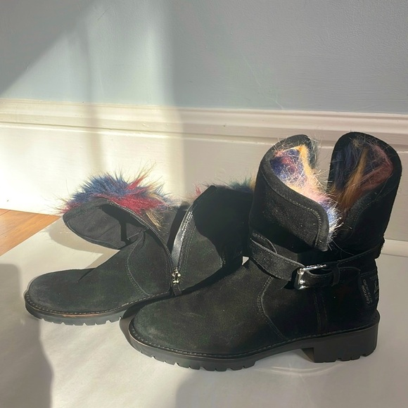Sam Edelman women’s size 6.5 Jeanie Black Leather Boots faux fur lining multi - Picture 1 of 10